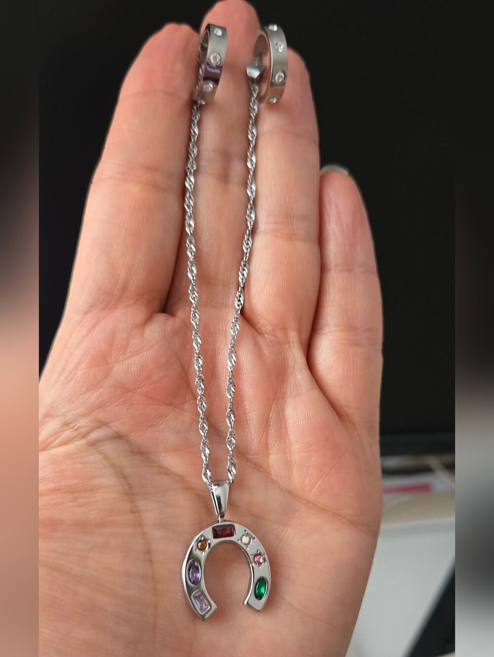 Stainless Steel Horseshoe Set Necklace and Earing with Multi-Color Gemstones